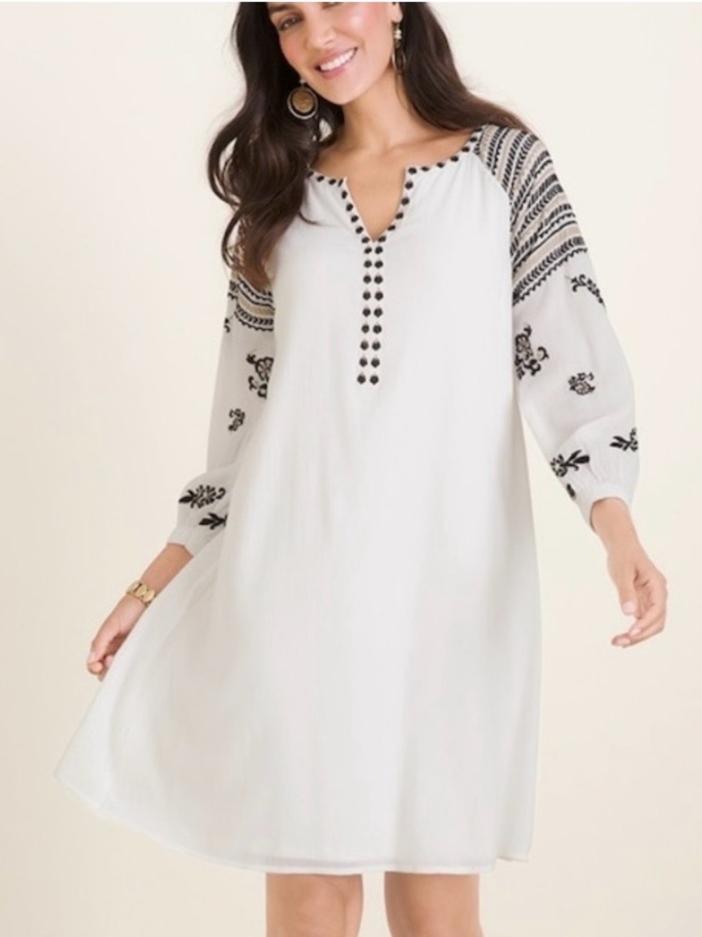 Chico's White Tunic with Black Embroidered Detail